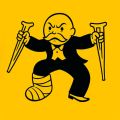 Monopoly man illustration on crutches, angry expression, representing frustration with soaring health premiums