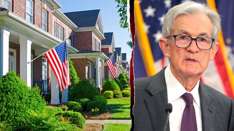 US homes with American flags and Jerome Powell