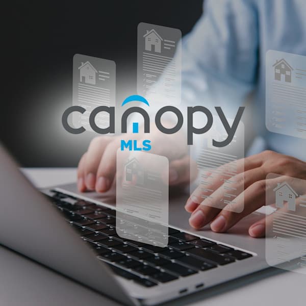 Canopy MLS logo and a person on a laptop with home listings