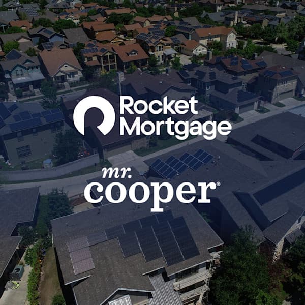 Rocket Mortgage and Mr Cooper logos with houses 